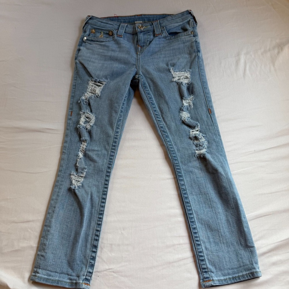 True Religion Distressed Low Rise Straight Leg Jeans Light Wash Size 26